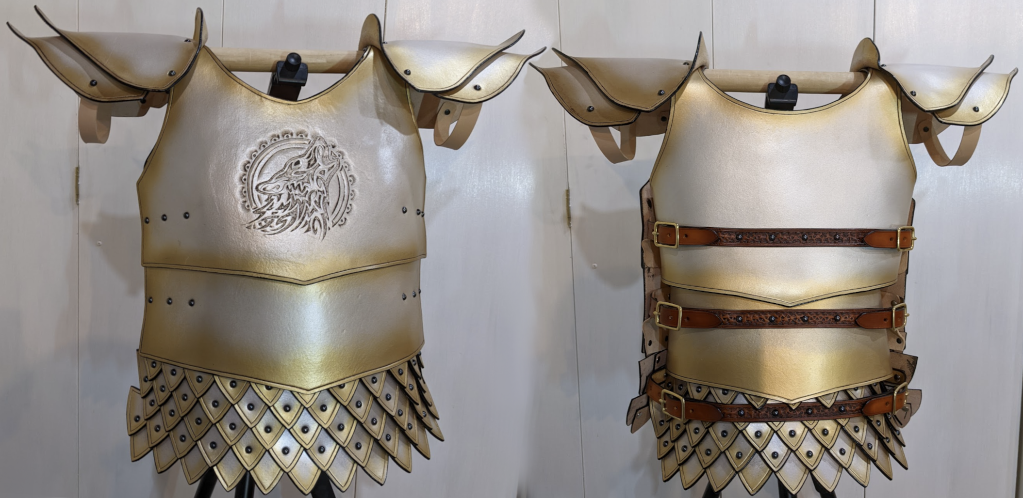 Hand crafted leather fantasy armor. Front and rear.